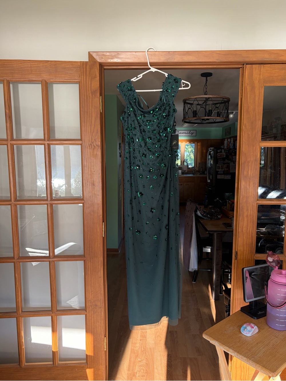 NWT Adrianna Papell Emerald Green SequinBeaded Off Shoulder Maxi Formal Gown, 14